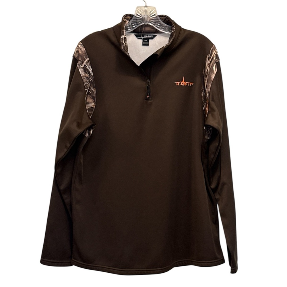 HABIT Men’s 1/4 Zip Brown Camo Trim Long Sleeve Outdoor Pullover Shirt Medium